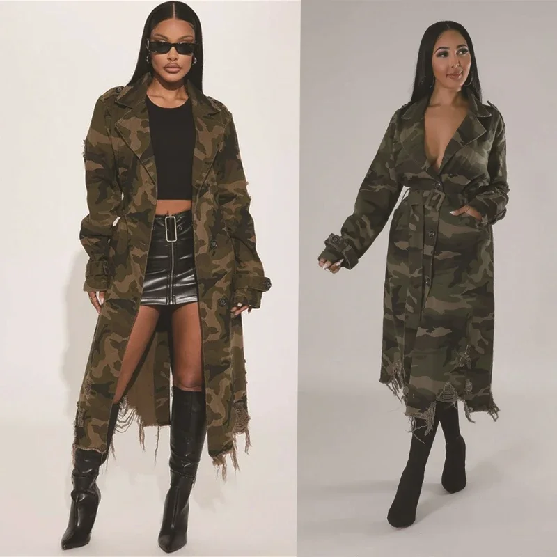 

Women Camouflage Trench Turn Down Collar Button Long Cardigan Hole Full Sleeve Jackets Streetwear Pockets Belt Coats Autumn