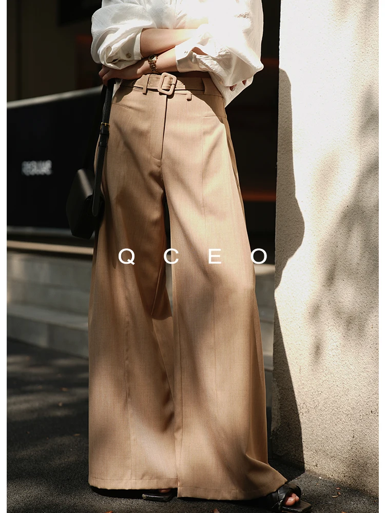QCEO Wide Leg Pants Women's Loose Fit Casual Trousers Autumn Season Natural Waist Zipper Closure Polyester Fiber Non-Stretch