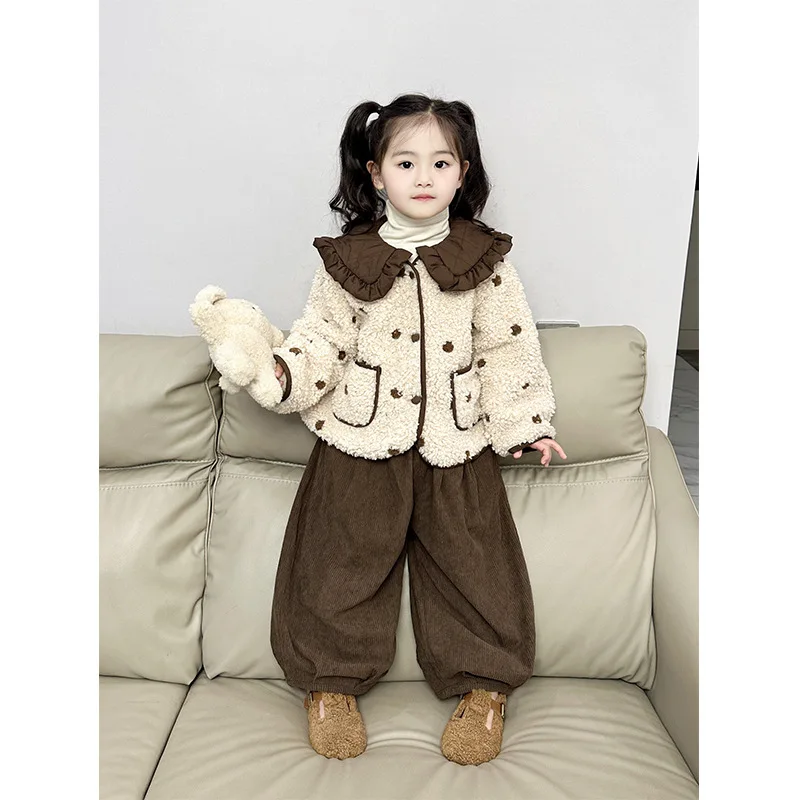 Girls Coat Winter Tong Han Lambhair Wave Point Coat Baby Warm Outerwear Striped Kid Pants Elastic Waist Vintage