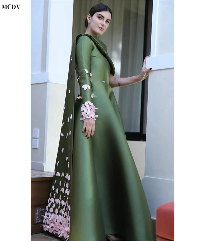 Robe de soirée en Satin, ligne a, fleurs en cristal, personnalisée, gracieuse, col rond, manches longues, longueur au sol, robes de célébrité