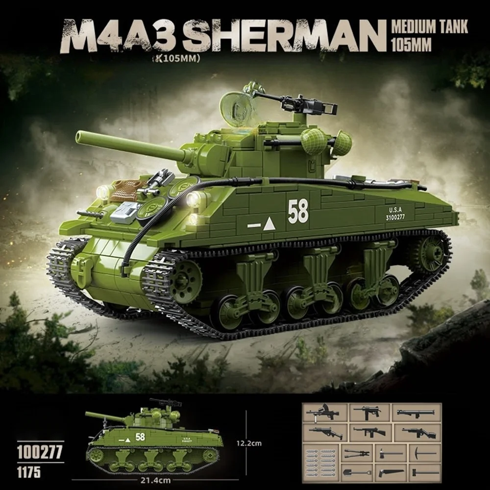

﻿M4A3 Sherman Medium Tank 105mm Full Internal Structure Tank Model Building Block Toy Collection DIY Diorama Toy Xmas Gift