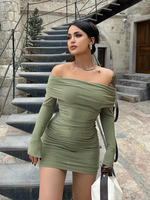 Women's Green Bodycon Dress Vintage Long Sleeve Off Shoulder Luxury Mini Dresses Y2k Elegant One Piece Frocks 2000s Clothes 2024