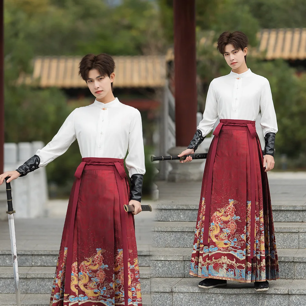 

Hanfu Traditional National Chinese Style Costume Men Ancient Cosplay Performance Jacket Skirt Horse Face Skirt Style Suit