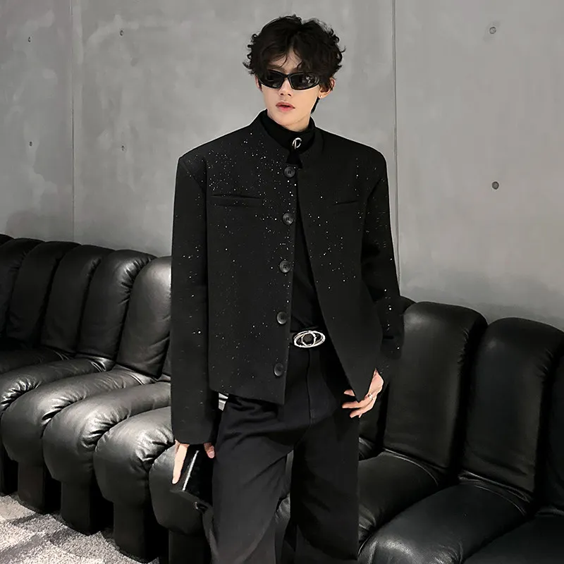 Men's Short Shoulder Padded Suit Jacket Stand Collar Nightclub Performance Outfit Casual Standard Fit Polyester Fiber Warmth