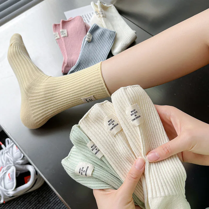 1/3 Pairs Women's Cotton Crew Socks Soft Ribbed Stretchy Solid Color Casual Mid-Calf Sock Label Korean Style Casual Sox Easy