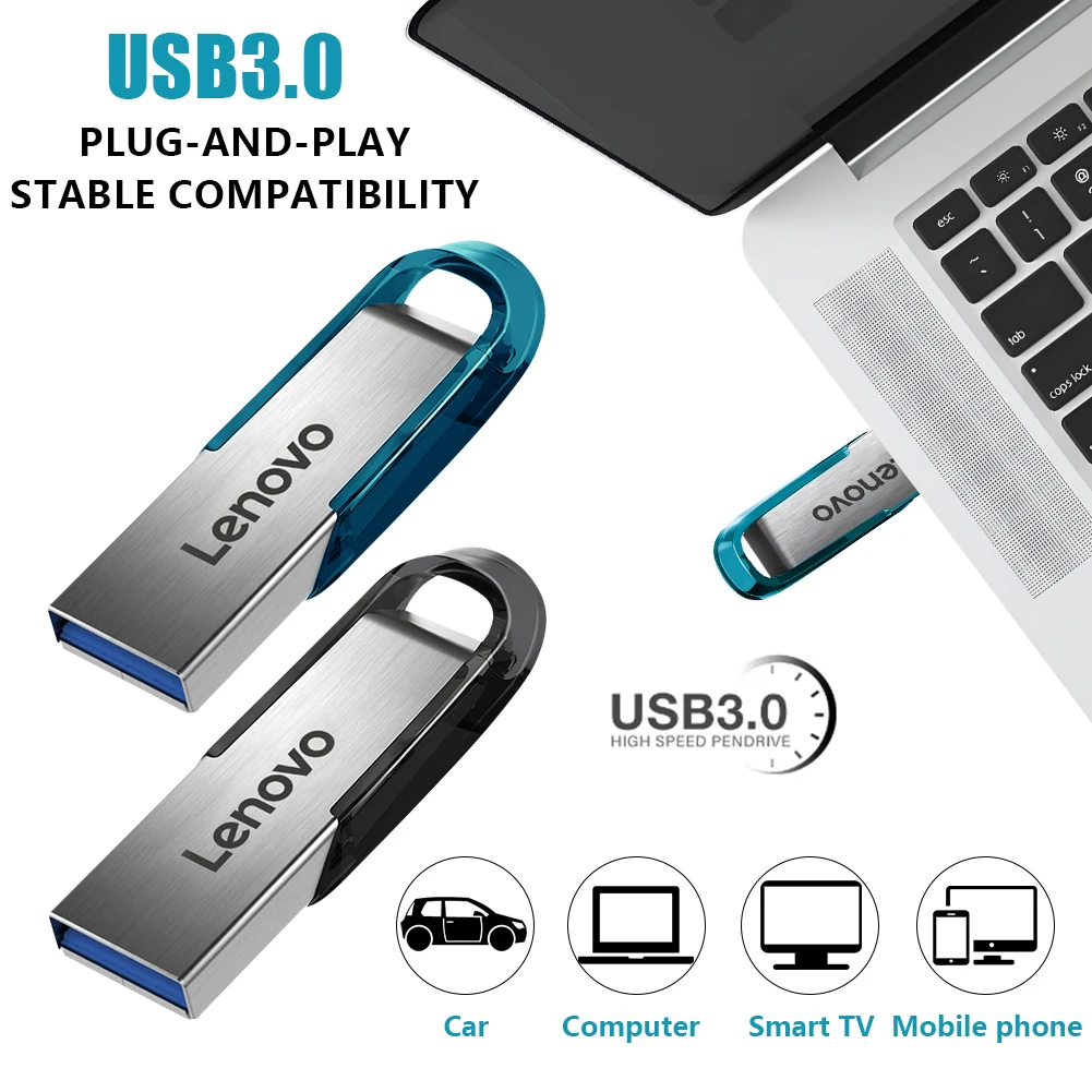 Clé USB Lenovo 128 Go, mini clé USB en métal, clé USB 64 Go, clé USB 32 Go argentée, clé USB avec porte-clés gratuit