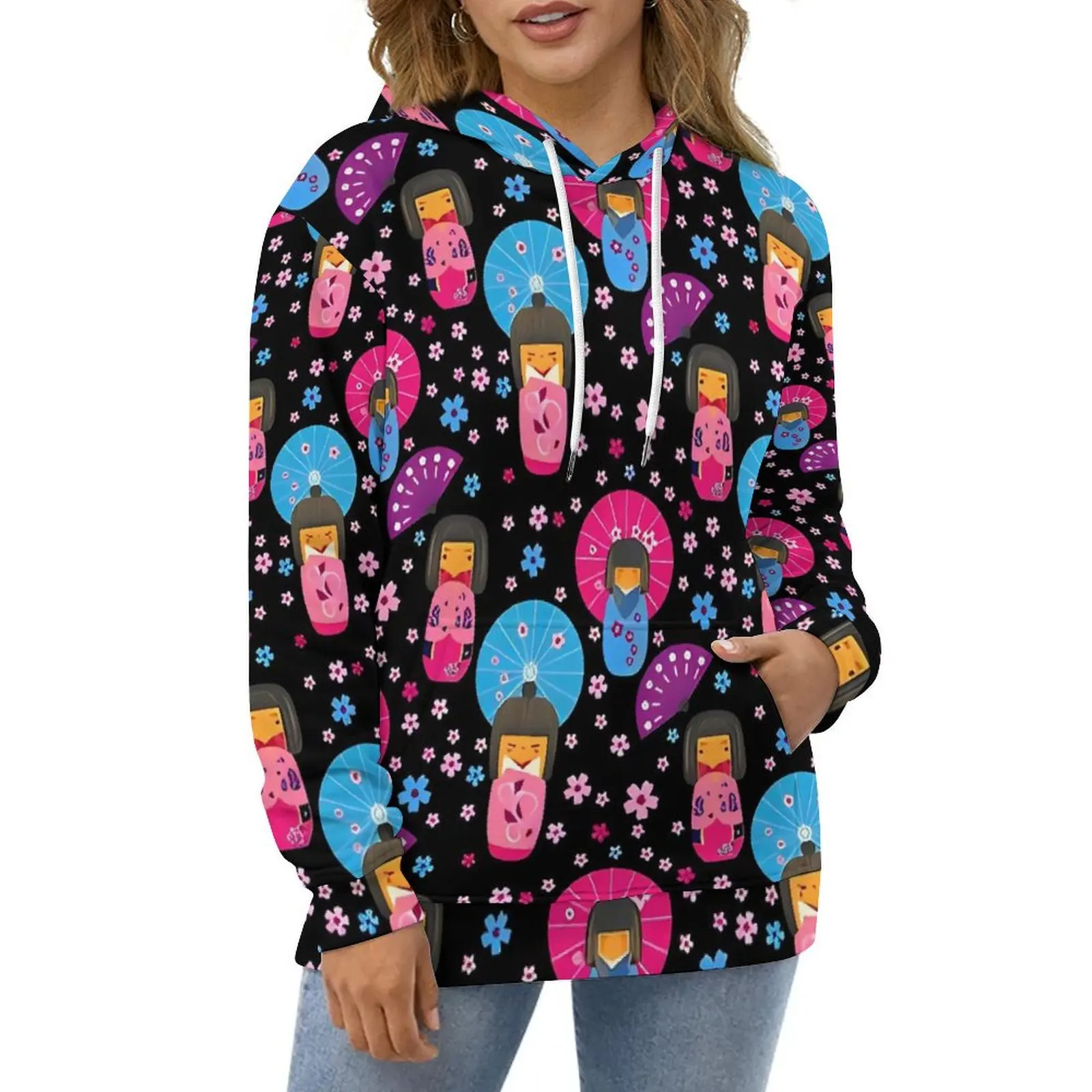 Japanese Dolls Hoodies Kokeshi Pattern Hip Hop Oversized Hoodie Couple Long Sleeve Pretty Design Casual Sweatshirts