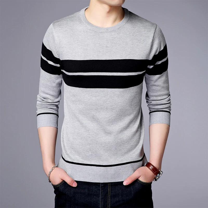 Men\'s Casual Striped Knit Spring and Autumn Long Sleeved Pullover Fashion Top