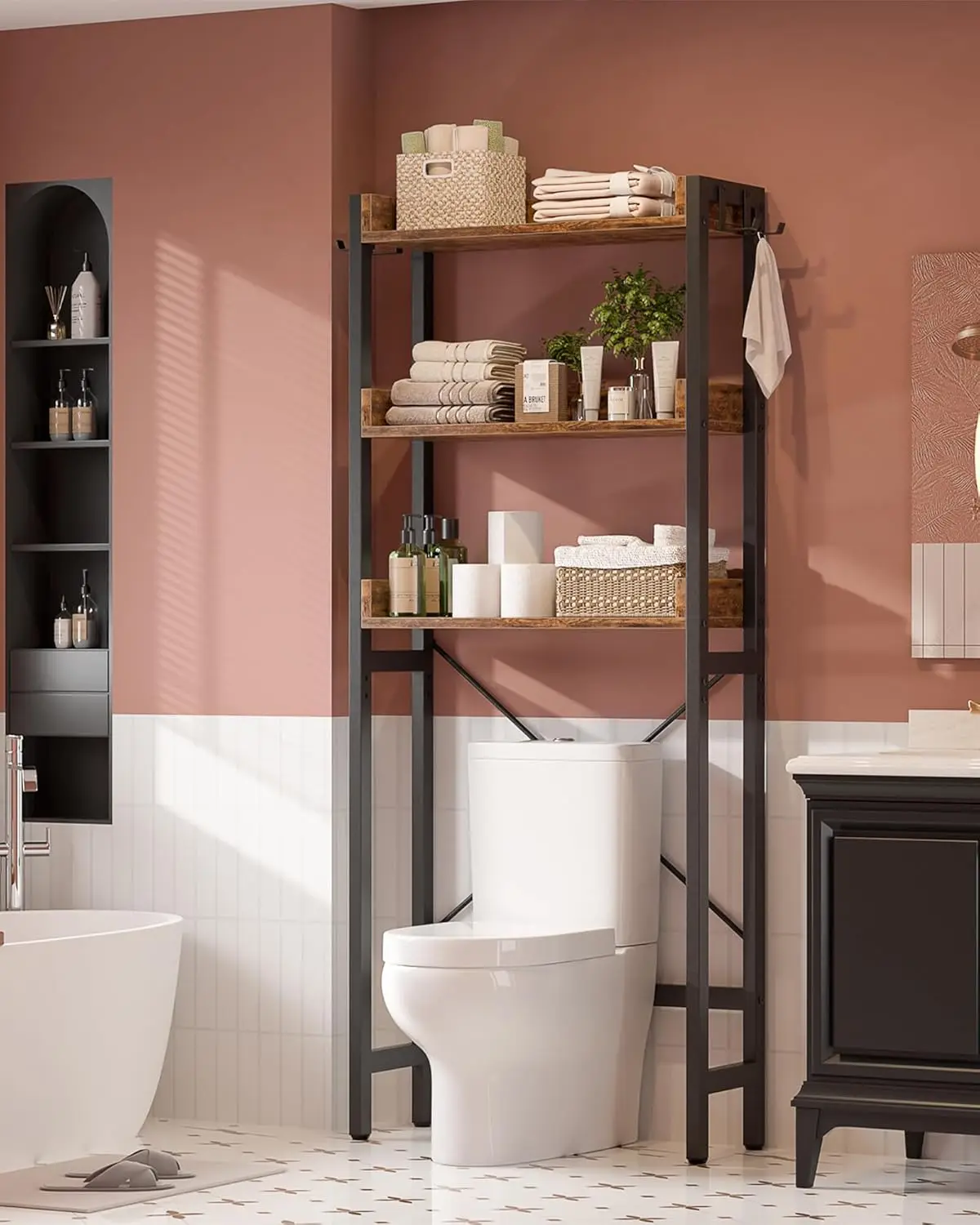 

Over-The-Toilet Storage Rack, 3-Tier Bathroom Organizer Shelf Over Toilet, Freestanding Space Saver Toilet Stands, Rustic Brown