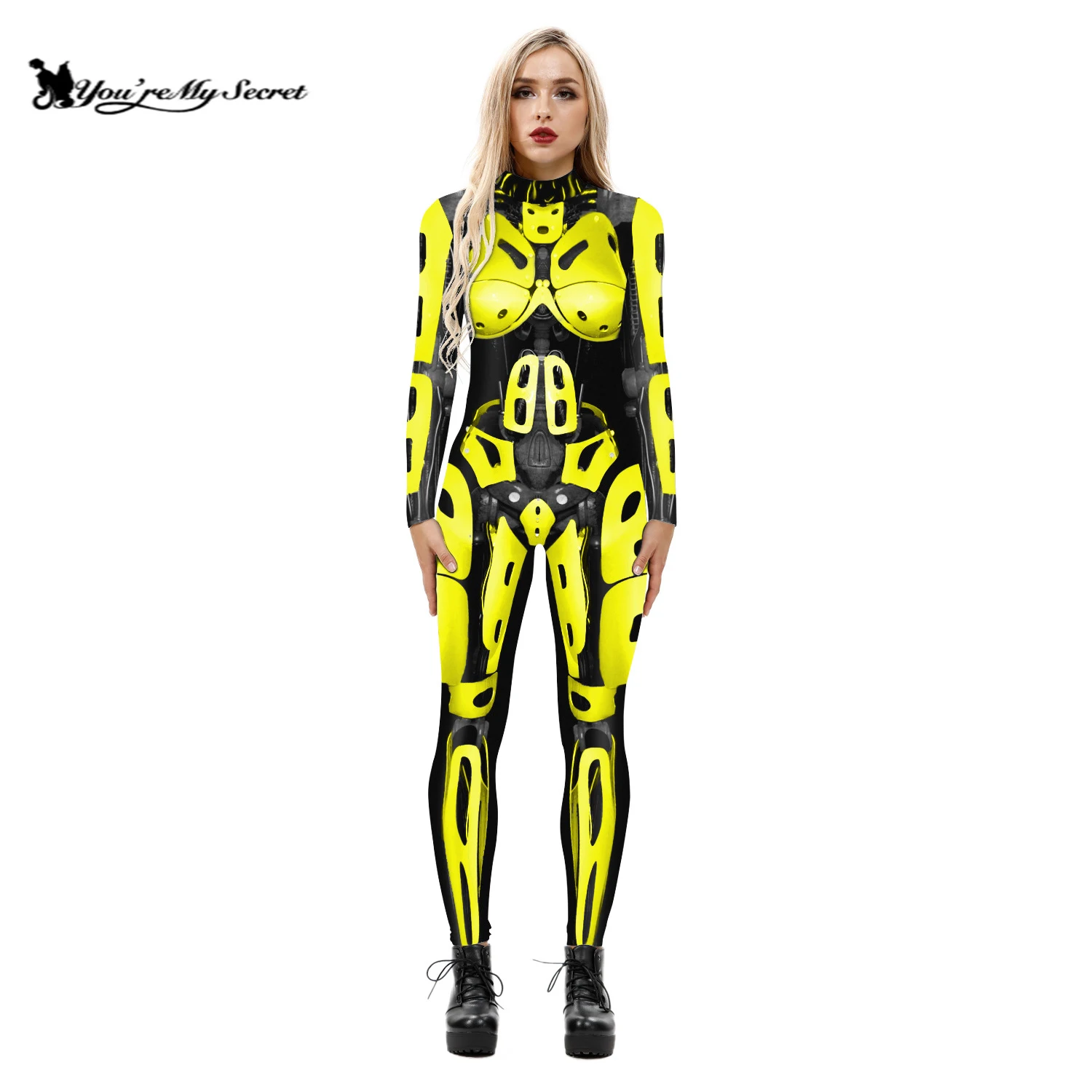 [You're My Secret]Robot Punk Cosplay Costume for Women Digital Printing Yellow Long Sleeves Jumpsuit Halloween Dress Up Bodysuit