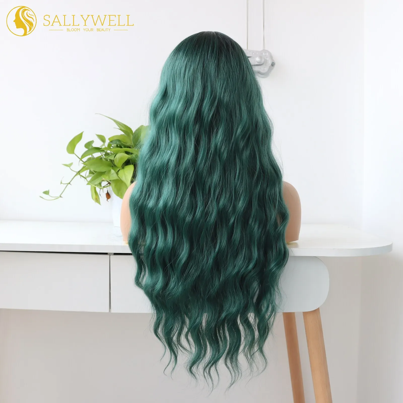 Long Wavy Green Wig With Bangs Heat Resistant Synthetic Fiber Ombre Dark Green Wig Dark Roots Loose Curly Wave Wig