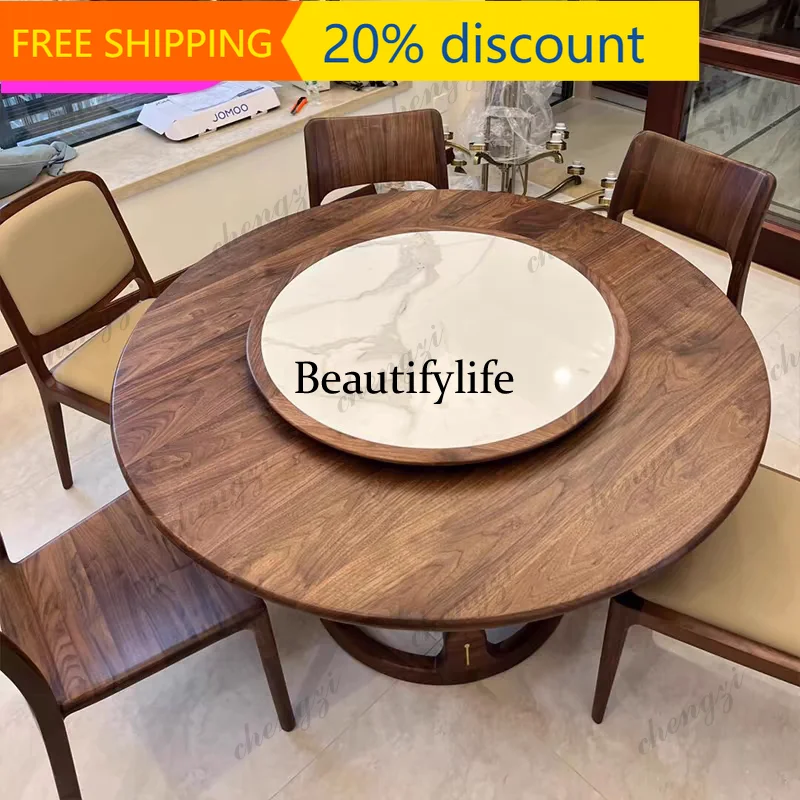 J132 Black walnut round dining table Solid wood large round table Log round dining table with turntable