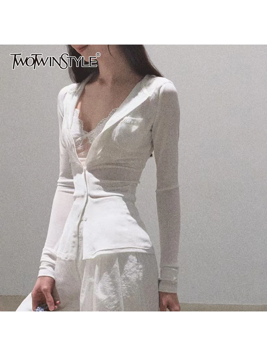 

TWOTWINSTYLE Solid Spliced Lace Slimming Blouses For Women Hooded Long Sleeve Tunic Temperament Shirts Female Fashion Clothes