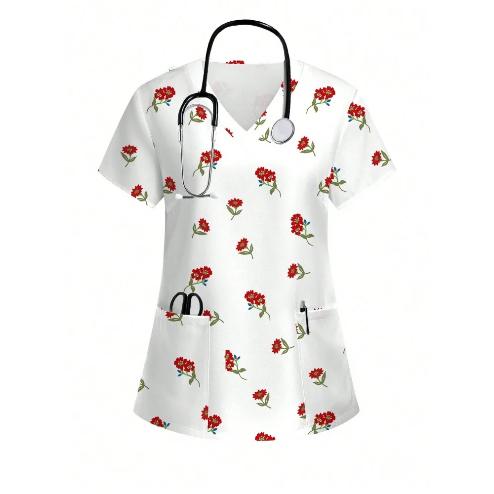 Femmes Imprimer Infirmière Uniforme Lâche D'été À Manches Courtes Col En V Tops Soins Infirmiers Travail Uniforme T-Shirts Clinique Vêtements De Protection