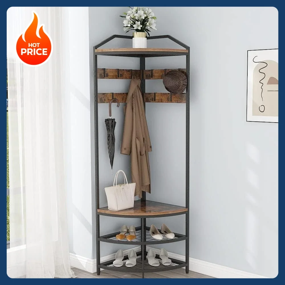 

Угловая вешалка для прихожей с банкеткой для обуви, напольная вешалка для одежды с 10 металлическими подвижными крючками, полка для обуви, органайзер