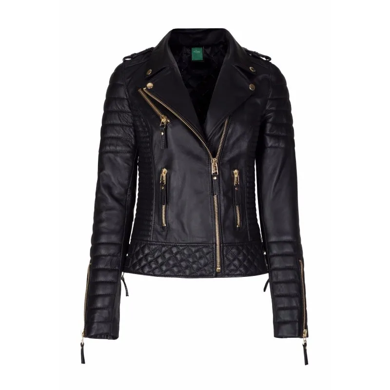 Stylish Women Genuine Lambskin Real Leather Jacket Black Quilted Designer Coat