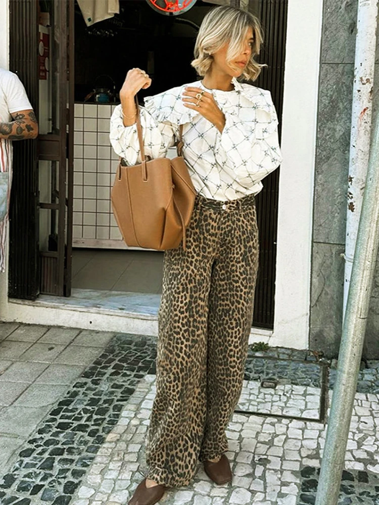 Casual Leopard Print Women Trouser Wide Leg High Waist Button Zipper Pocket Female Pant 2024 Spring Summer New Chic Lady Pants