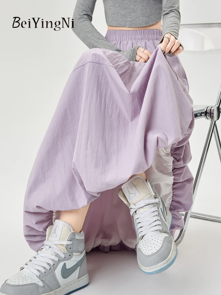 Beiyingni New Fashion Women's Bud A-line Skirts White Purple Elastic Waist Midi Long Skirt Kawaii All-match Street Jupes Faldas