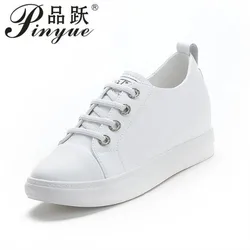 White Platform Wedges Sneakers Women Shoes High Top dermis Leather Tenis Feminino Casual Basket Femme 7cm Hidden Heels