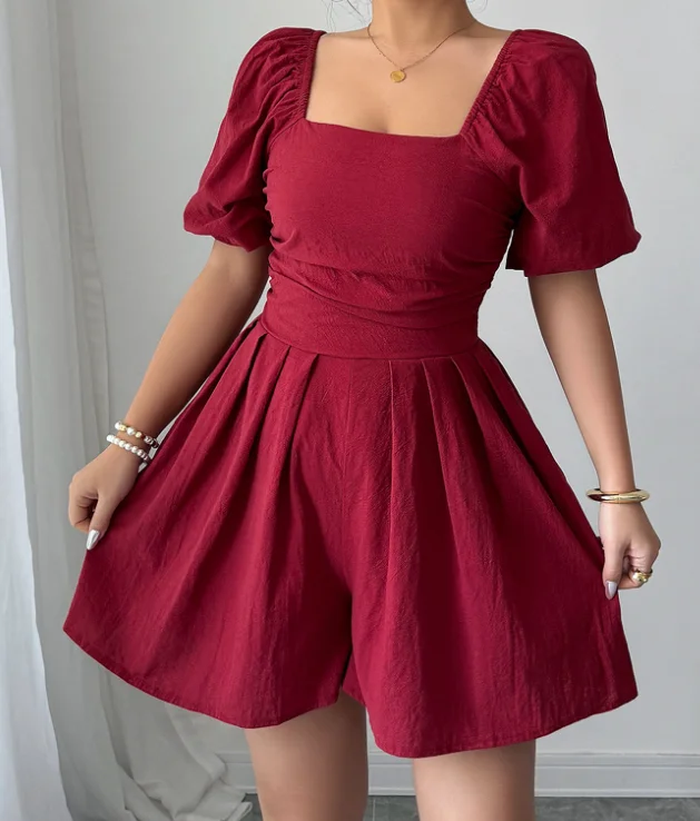 

Advanced minimalist pleated square neck dress