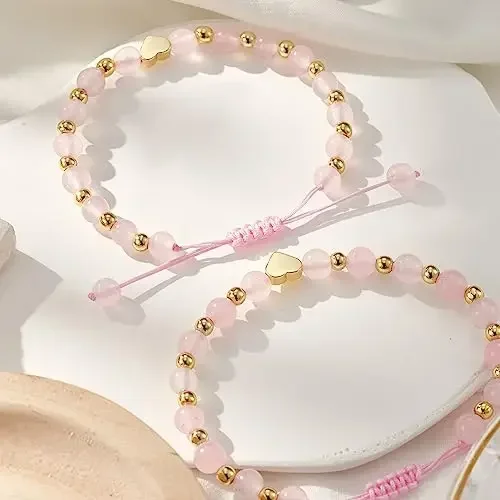 2PCS Sweet Cute Natural Stone Love Bracelet Pink Braided Rope Crystal Bracelet for Mom Daughter First Day Of School Gift