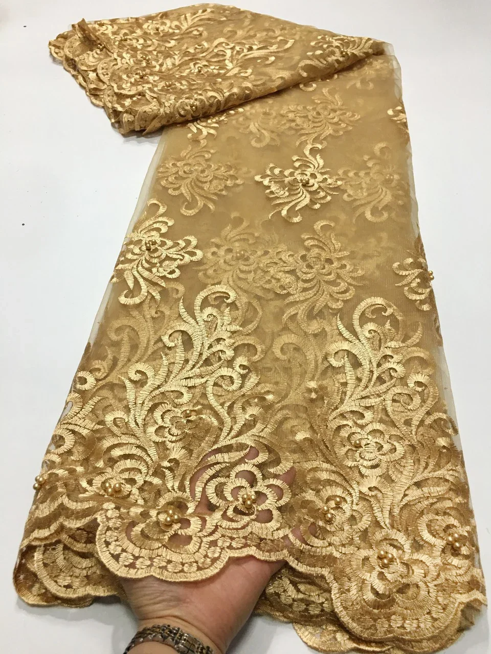 Gold African Lace Fabric 2024 High Quality Beaded Nigerian Lace Fabrics for Wedding Women Dresses French Tulle Lace Fabric M2850