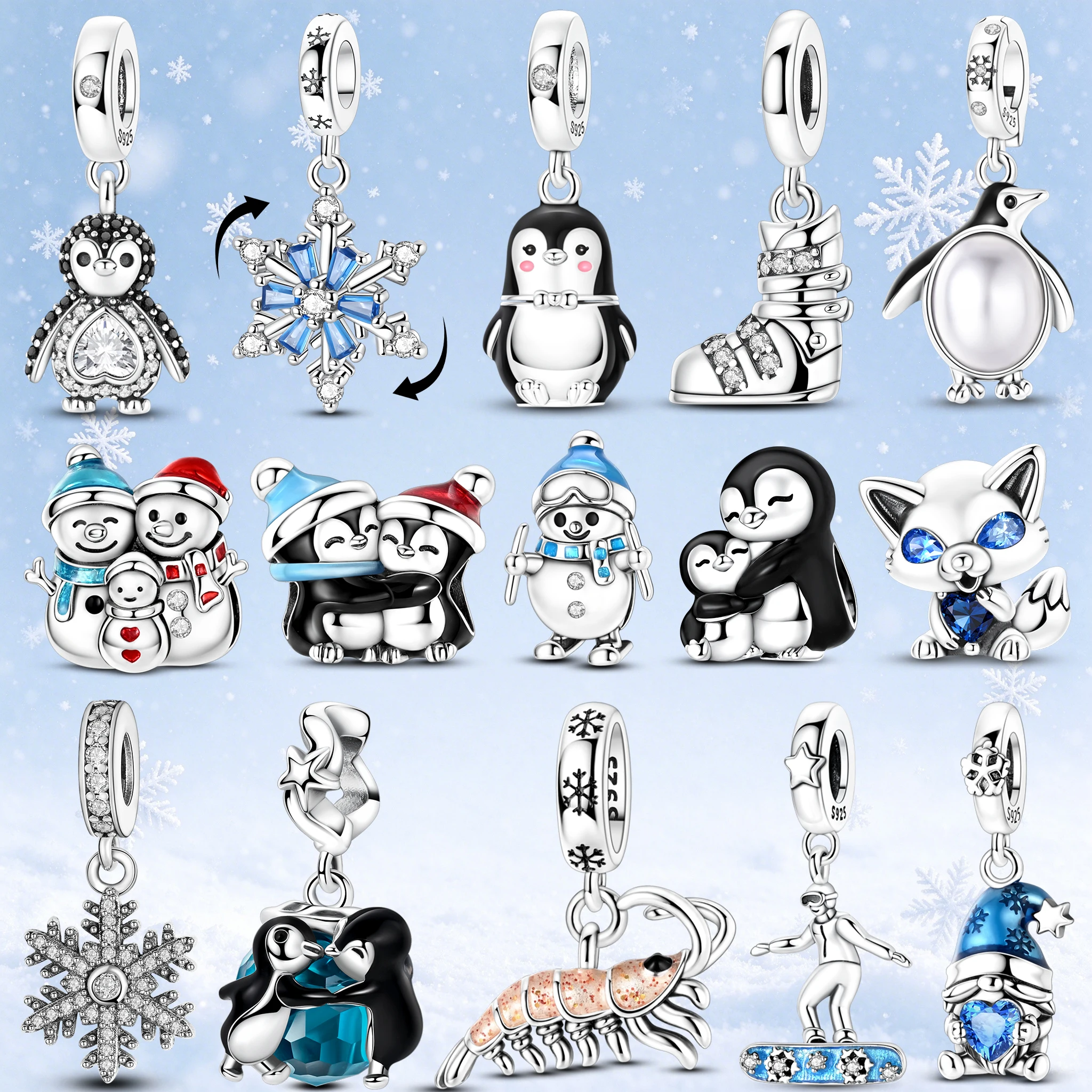 Winter Penguin Fox Snowman Snowflake Skiing 925 Sterling Silver Charms Beads Fit Bracelet DIY Jewelry Woman Pendant