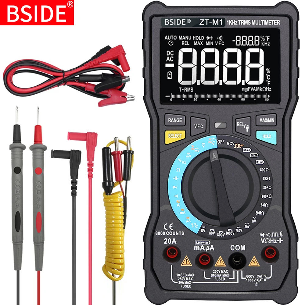 Profesional Digital Multimeter BSIDE ZT-M1 T-RMS Auto/Manual 8000 DC/AC 20A Current Voltage Capacitance VFC ohm battery tester