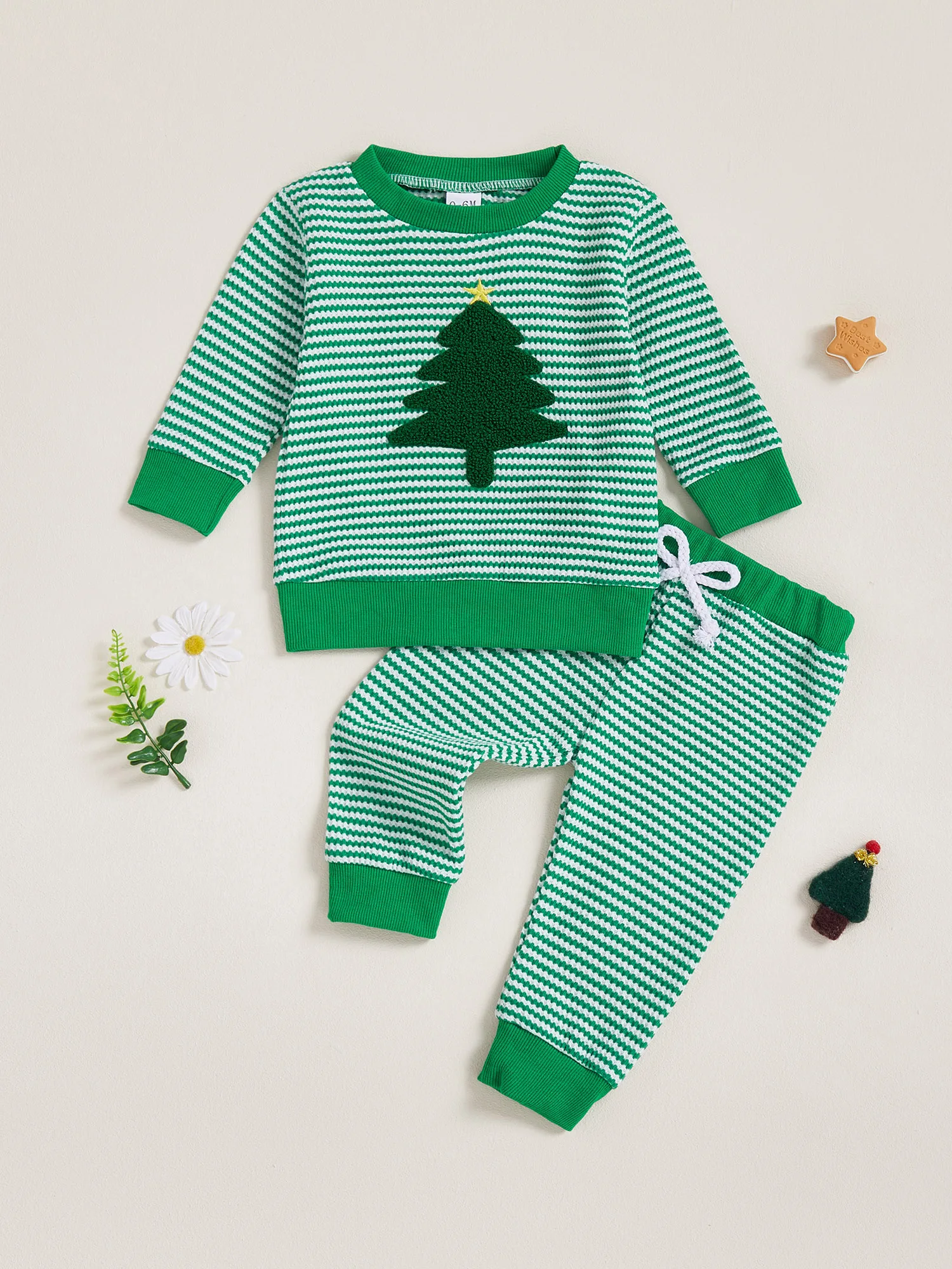 Boys Christmas 2Pcs Outfits Long Sleeve Crew Neck Santa Claus Print Tops Striped Pants Sets for Holiday Party Wear