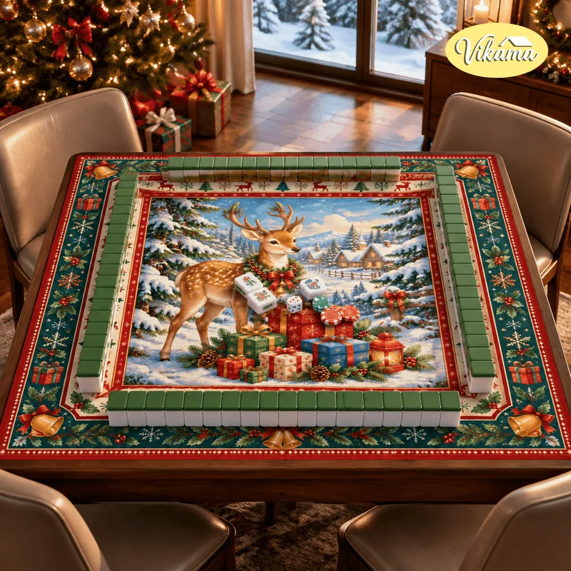 VIKAMA Christmas Mahjong Table Mat, Retro Christmas Wreath, Reindeer, Gift Box, and Holly Non-Slip Tablecloth, Home Decor