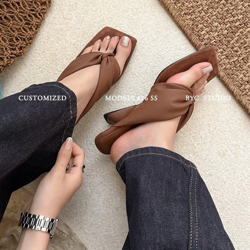 2026 new summer women sandals natural leather plus size 22-25.5cm soft heepskin split toe mules pleated high heel women slippers view 6