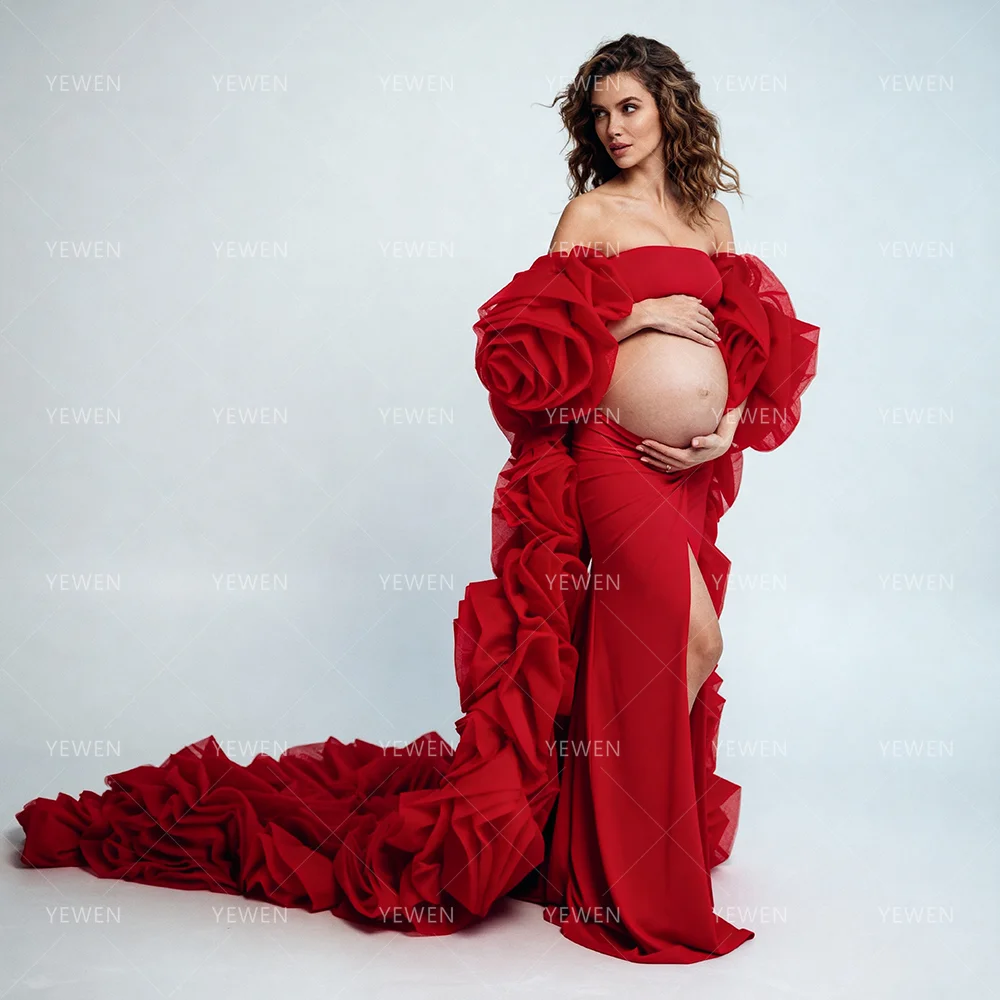 Elegant Red Maternity Photoshoot Dresses Strapless Pregnancy Dress with Detachable Floral Ruffled Tulle Overskirt YW264252D