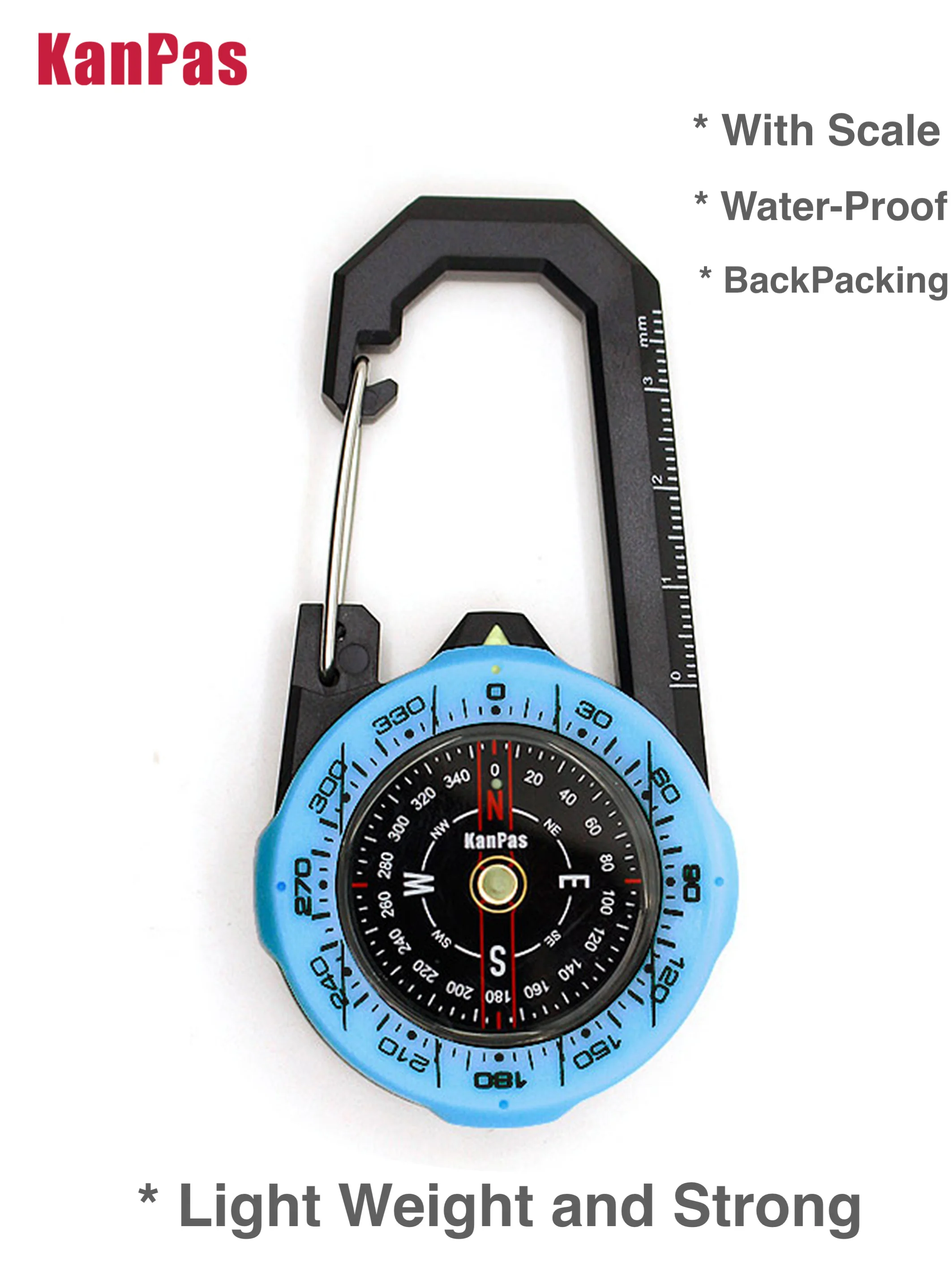 Kanpas Waterproof  Carabiner outdoor compass with luminous and 1-2-3system/Tourist compass / blue compass