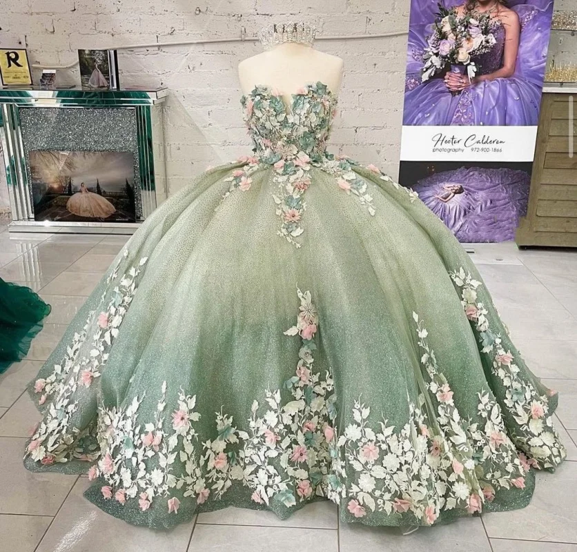 

Зеленое милое платье Quinceanera по индивидуальному заказу с цветочной аппликацией ручной работы, пышное платье для выпускного вечера для женщин, стиль принцессы