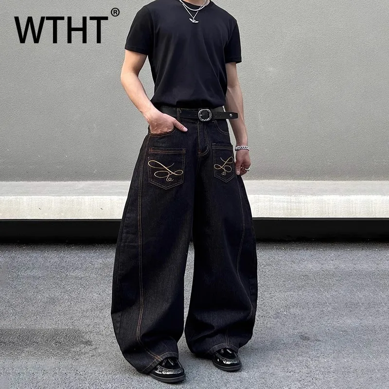 WTHT moda męska haft jednokolorowy patchworkowy wzór spodnie dżinsowe Vintage Casual luźne dżinsy z szeroką nogawką męskie lato 2A0186