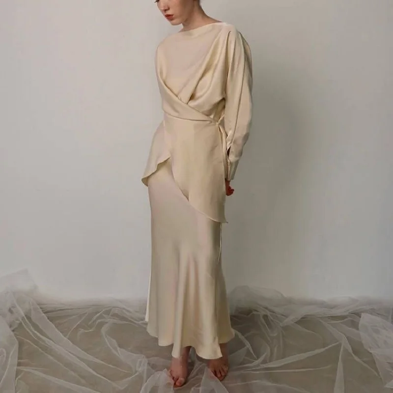 Fashion Long Sleeve Two Piece Outfits Casual Temperament Solid Satin Women\'s Set Elegant Lace-up Blouse Top and Long Skirt Suit
