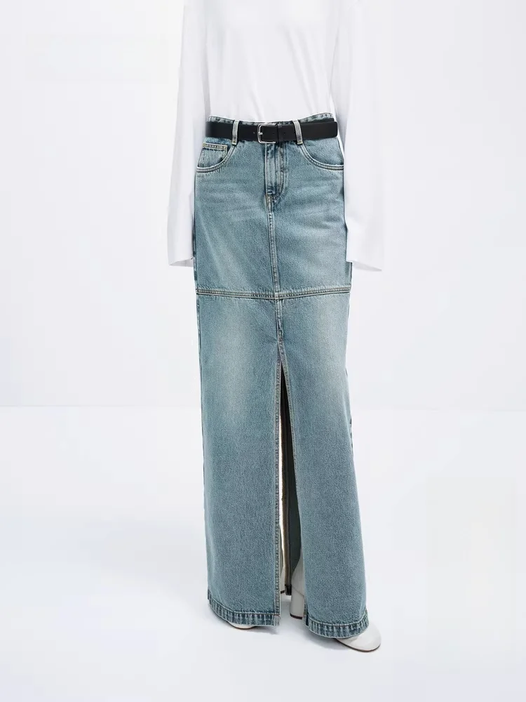 

Длинная джинсовая юбка женская, новая весенняя коллекция, хлопковая, прямого кроя, миди, модная, удобная, классическая, синяя EBDSKT022