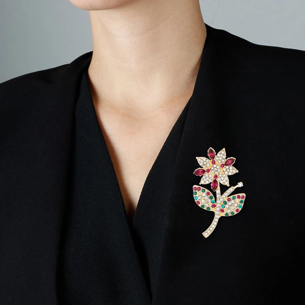 المرأة الفاخرة كامل ملون كريستال زهرة التلبيب دبابيس الفتيات المبهر حجر الراين الصدار دبابيس الحفلات الذهبية