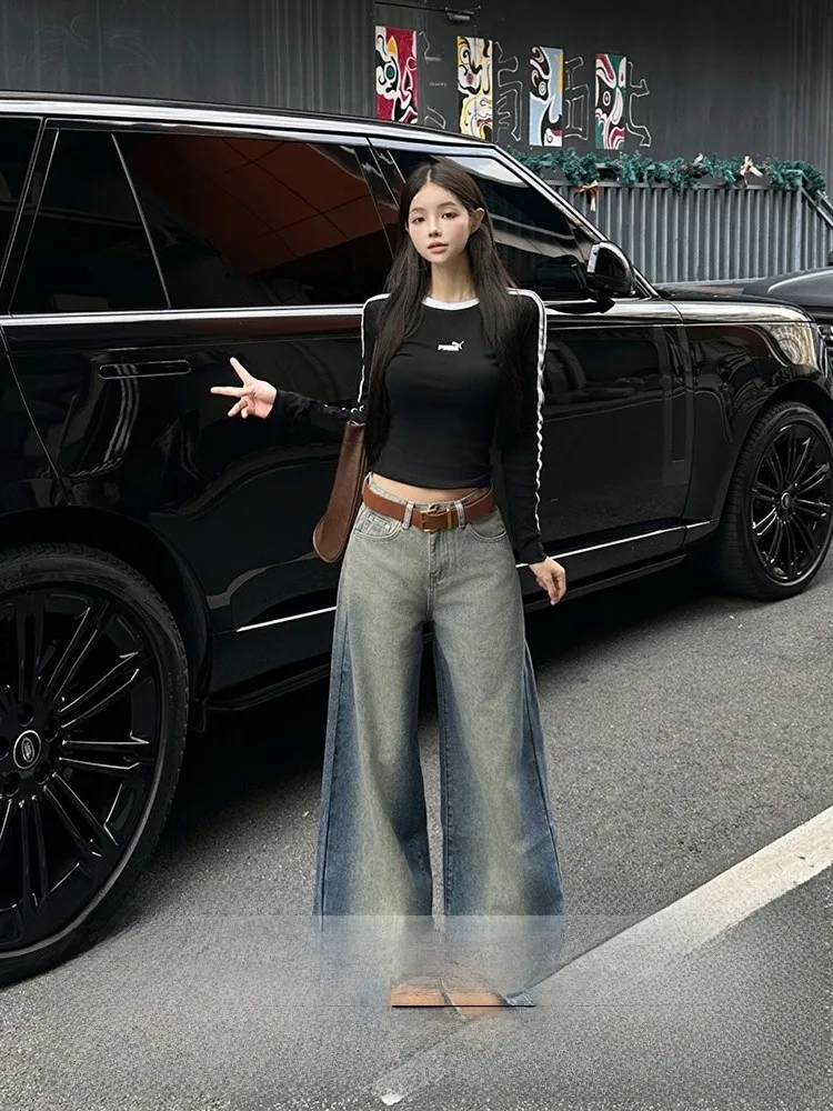 

Ретро джинсы с широкими штанинами и эффектом потертости, с высокой талией, свободного кроя, женские прямые брюки, осенне-зимние, повседневные, однотонные