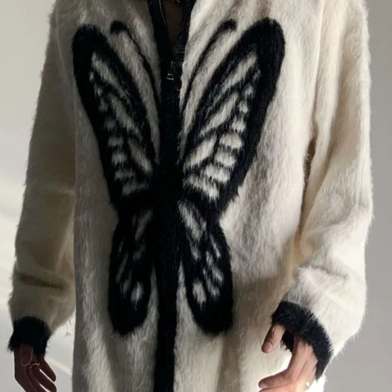 Men's Models Fairy Winter Autumn Tops Coat Sweater Knit Print Butterfly Standing Collar Zipper Retro Leisure Simple Advanced