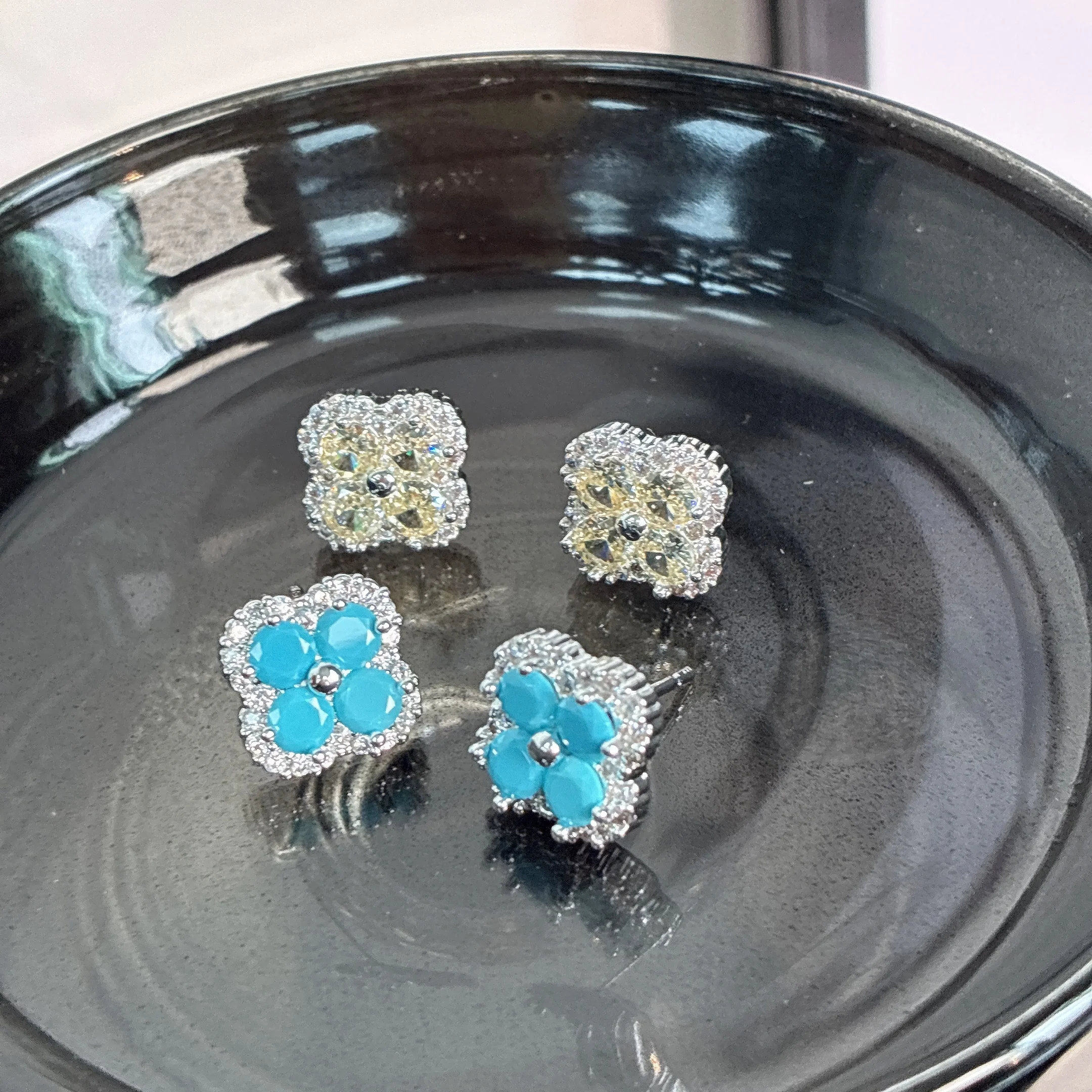 Luxury Four-leaf Clover Stud Earrings, Turquoise & Yellow Diamond Full Paved Niche High-end Versatile Women Ear Jewelry