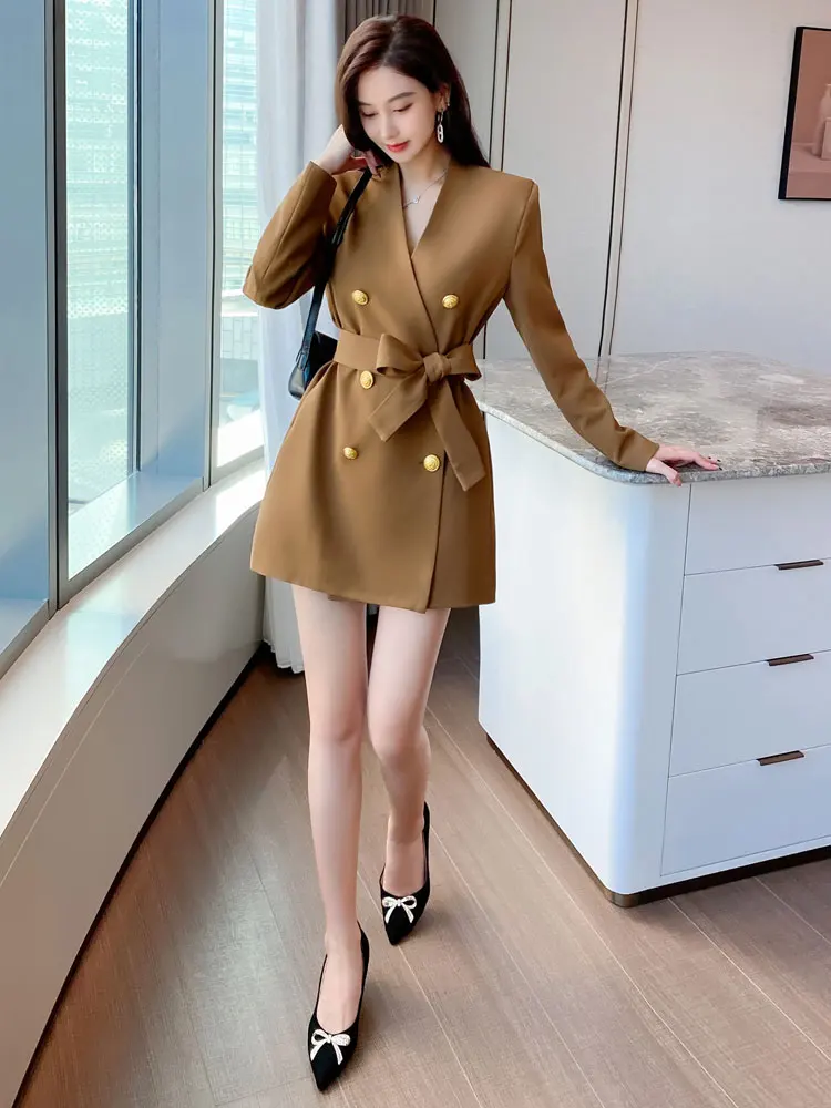 

Женский двубортный приталенный костюм с поясом, осенне-зимняя новинка, модный дизайн с высокой талией, стильная верхняя одежда