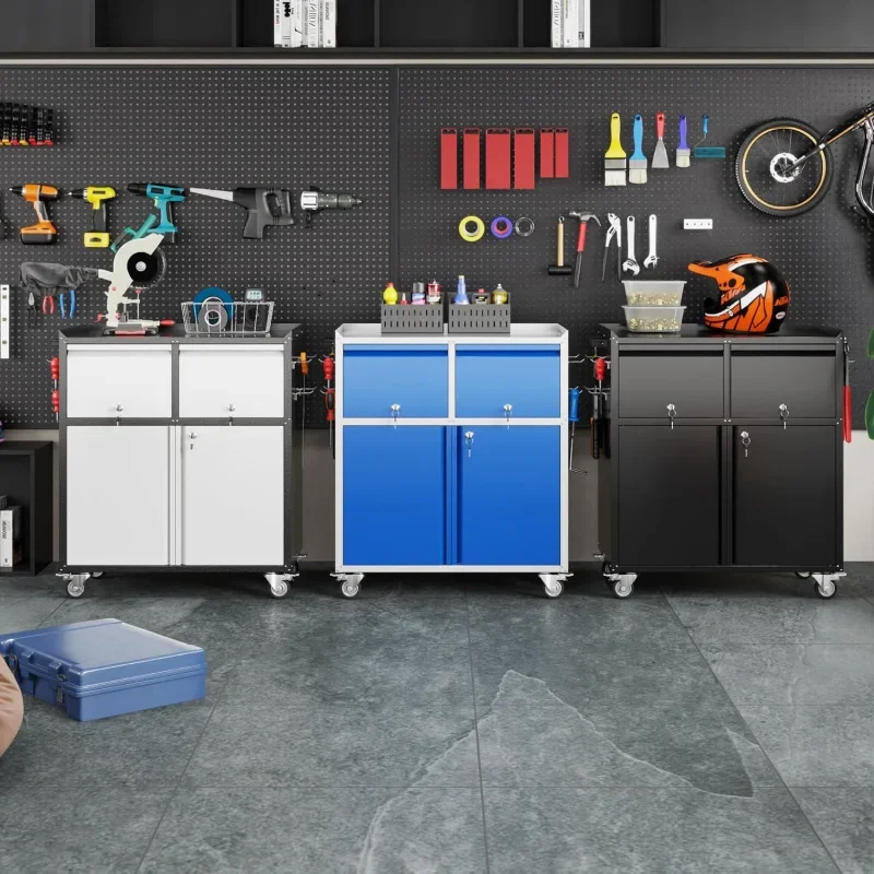 Metal Storage Cabinet on Wheels, Mobile Metal Garage Cabinet with 2 Drawer and 4 Hooks, Small Rolling Tool Storage Cabinet with