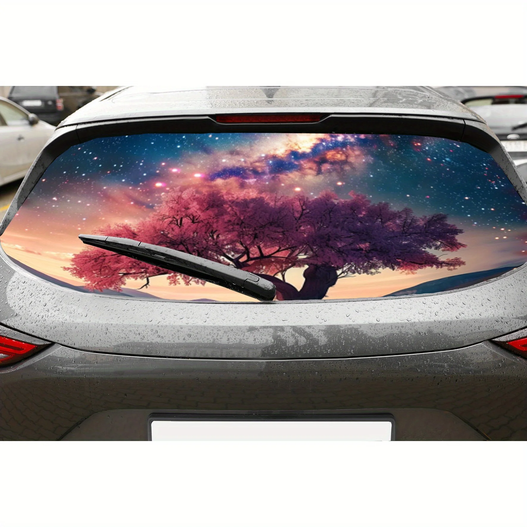 

Розовые вишневые деревья под звездами, материал ПВХ, самоклеящаяся водонепроницаемая наклейка на заднее окно автомобиля, легко наклеивается без f