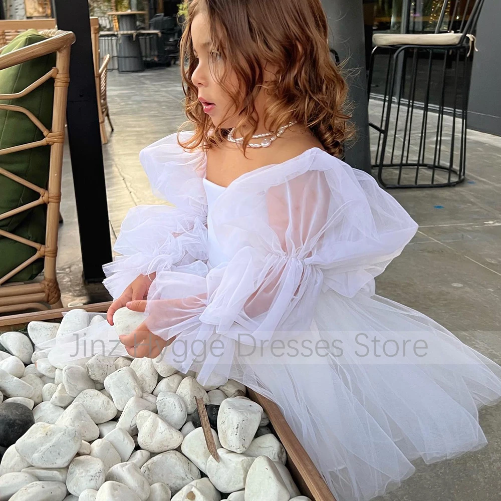 Flower Girl Dresses White Long Puff Sleeves Off the Shoulder Flower Girl Gowns Short Knee Length Lace Up Bow Child Birthday Gown