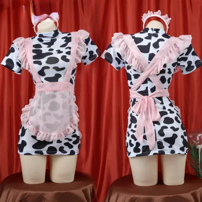 

Lolita Anime Girl Milk Cow Cosplay Costume Bandage Pink Ruffle Suit Dress Gauze Apon Set Women Halloween Party Lingerie Gifts
