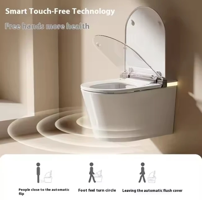 Smart Remote Control Wall-Mounted Bathroom Toilet with Ceramic Flush Seat Heating Elongated Bowl Shape S-Trap Drainage Pattern