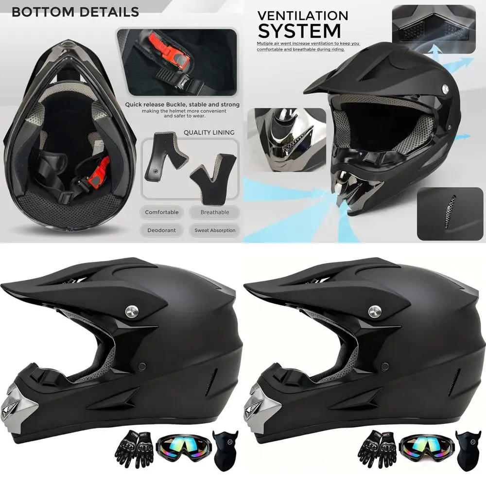 

Youth Dirt Bike Helmet with Gloves, Goggles, and Mask - DOT Certified, 4-Piece Set, Size S (Black)