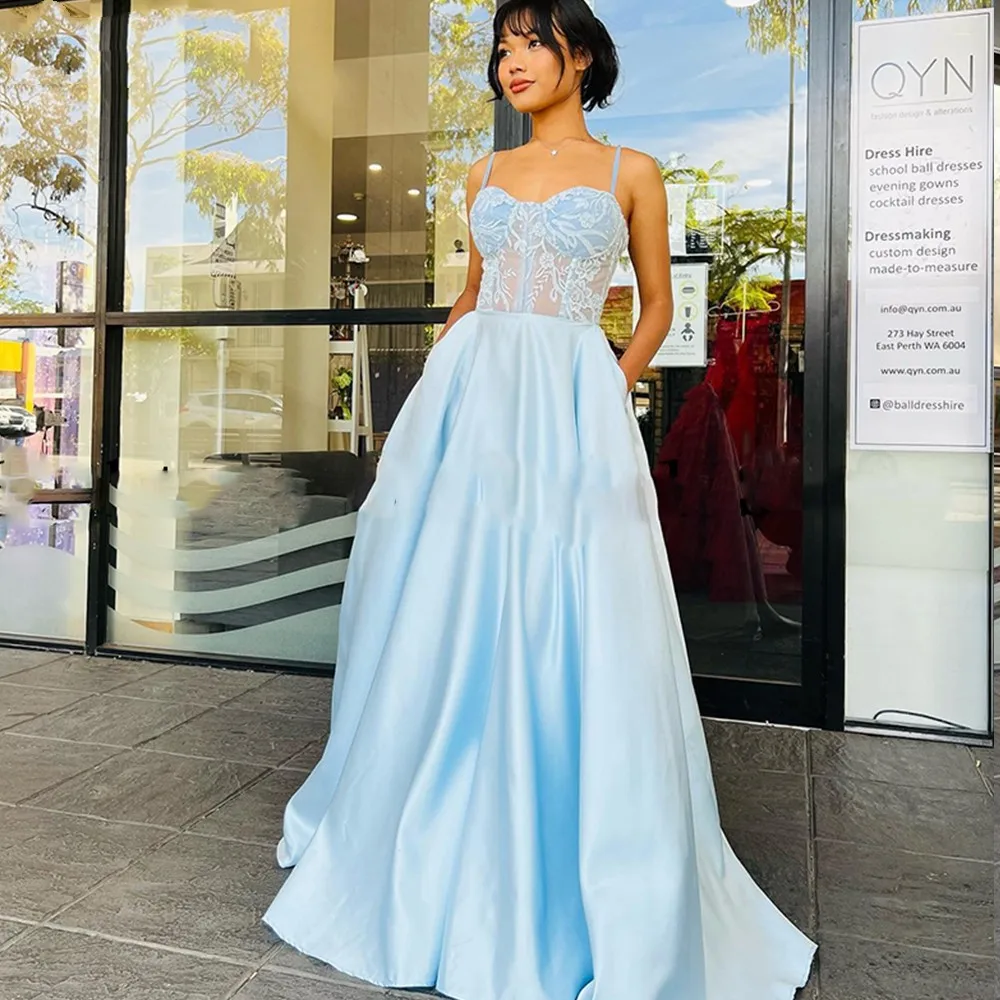 Vestido de fiesta de encaje con tirantes finos, traje de noche azul claro con escote Corazón, longitud hasta el suelo, con cordones en la espalda, talla grande 2023