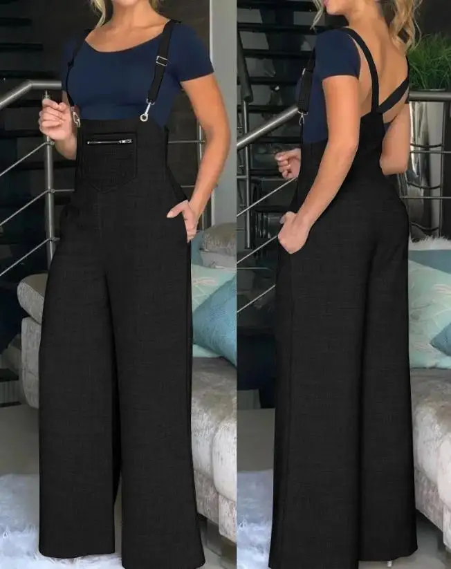 2024 Women's Spring/summer Strap Pants Solid Color Simple Work Suit Versatile Pocket Design Wide Leg Sling Jumpsuit